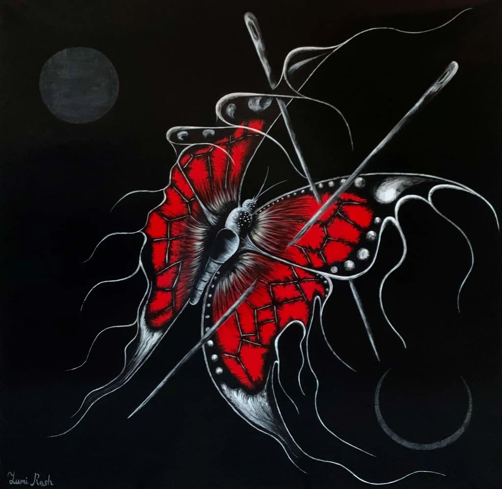 "Papillon" is a dark surrealistic painting portraying the ambiguous state between life and death. 
